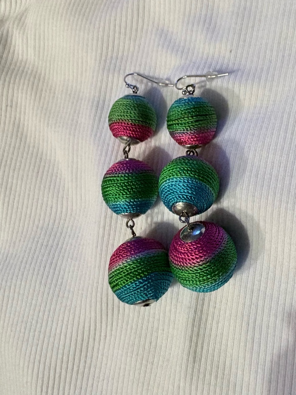 Colorful Triple-Bead Drop Earrings - Pink Green Blue